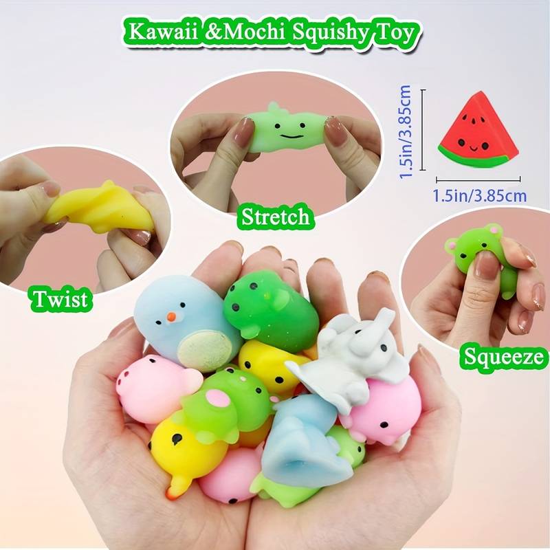 Mochi Squish Pets – 1.5 inch soft animal toys shown being twisted, stretched, and squeezed in hand, with size dimensions and Kawaii branding for vending and party favors
