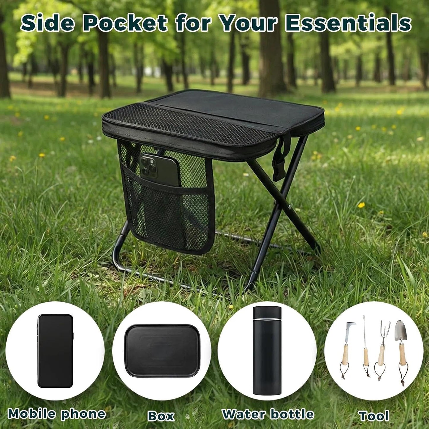 Collapsible Travel Stool with Side Storage Pouch