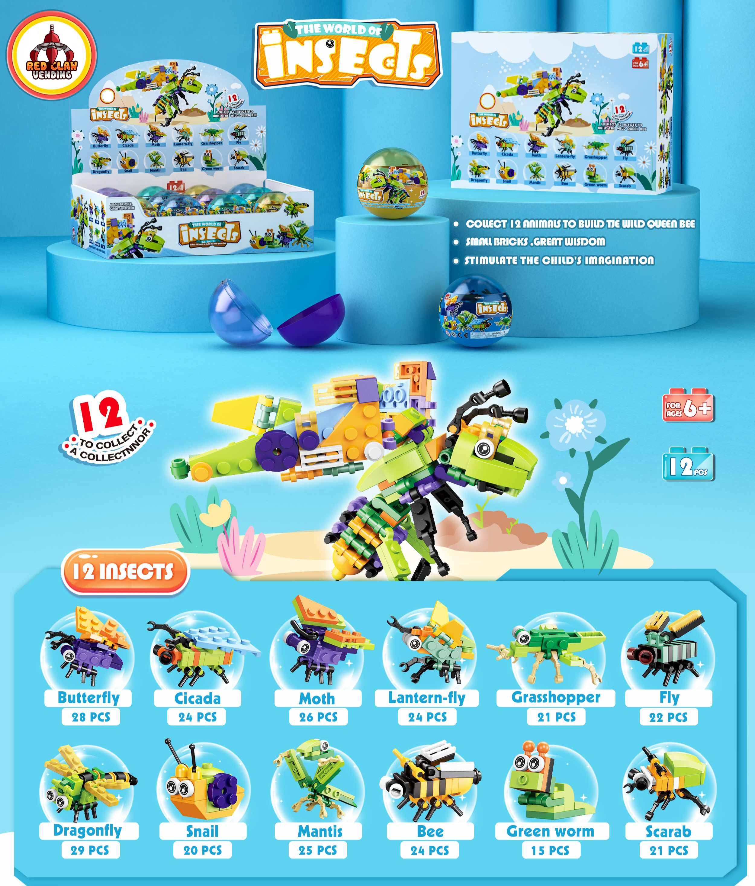 Flying Insect Block Set - 12 Capsules (2.5 inch) 12 in 1 – Red Claw Vending